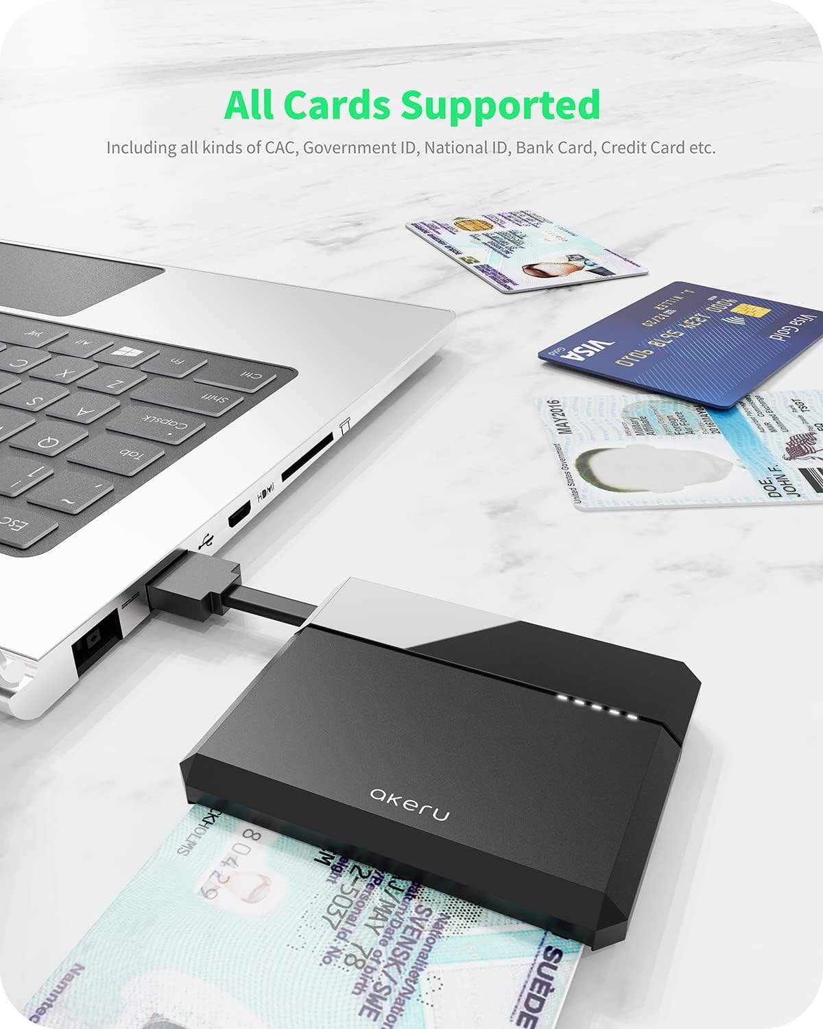 AKERU Portable CAC Card Reader DOD Military Smart Card Reader, Universal Compatibility, for Mac/Windows with LED Indicator, Compact PIV & ID Chip Card Reader, Cable Management [EAO-10]
