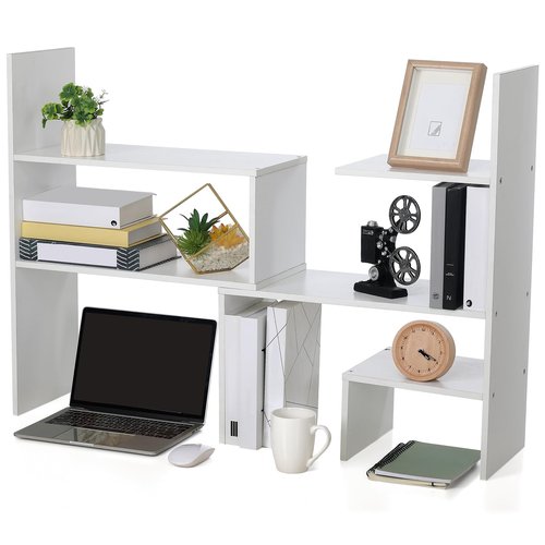 Briwooody Expandable Dorm Desk Dutch Adjustable Desktop Bookshelf Wooden Desktop Storage Organizer Bookcase Cubby Book Rack for College Dorm Home Office Furniture(White)