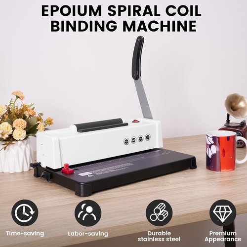 Epoium Spiral Coil Binding Machine, Homeschool 46-Hole Puncher Spiral Binder with Electric Coil Inserter, Professional & Customizable Binding for Office Business School Home Binding, White