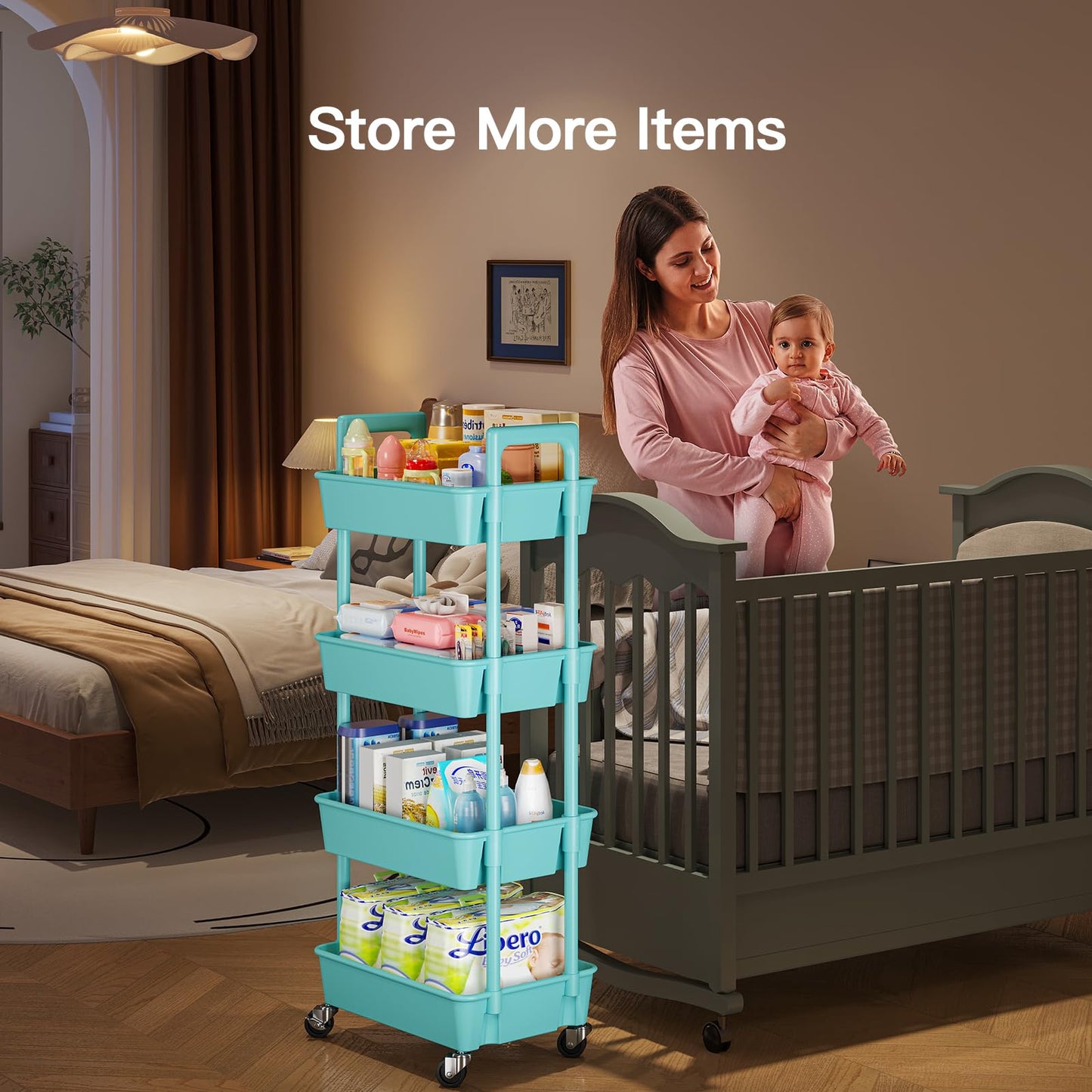 Pipishell 4 Tier Rolling Cart Organizer, Plastic Rolling Cart with Lockable Wheels & Reinforced Handle, Lightweight Utility Storage Cart for Nursery, Kitchen, Craft Room, Turquoise