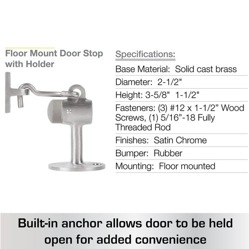 BRINKS Commercial - 6-Pack Floor Door Stop with Holder, Satin Chrome Finish - Non-Obtrusive Option to Protect Doors and Walls