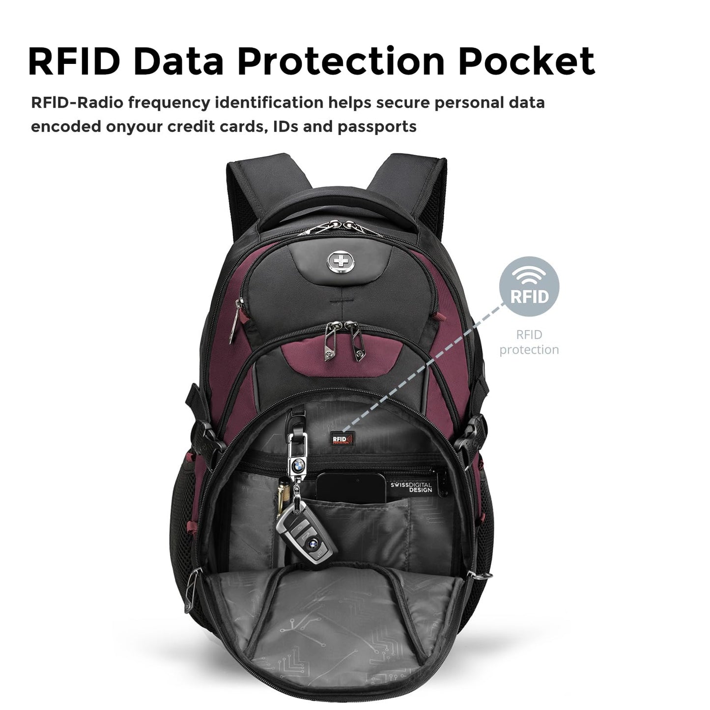 Swissdigital Design Laptop Backpack with USB Charging Port, Travel Backpack Fits 15.6 inches Computer, 31L College School Backpack for Women, Angola red/Black | SD803-44