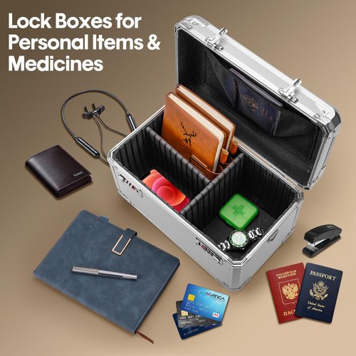 LOCKCURX Aluminum Alloy Lock Box with Code, Lockable Storage Box for Medicine, Cash, Phone & Valuables – Childproof, Portable & Durable – 17.2x10.6x10.4 Inch Silver– Home, Office, School Use