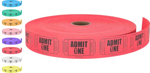 Tacticai 2000 Raffle Tickets, Admit One, Single Roll, Ticket for Events, Entry, Class Reward, Fundraiser & Prizes - Red (1 of 8 Colors)