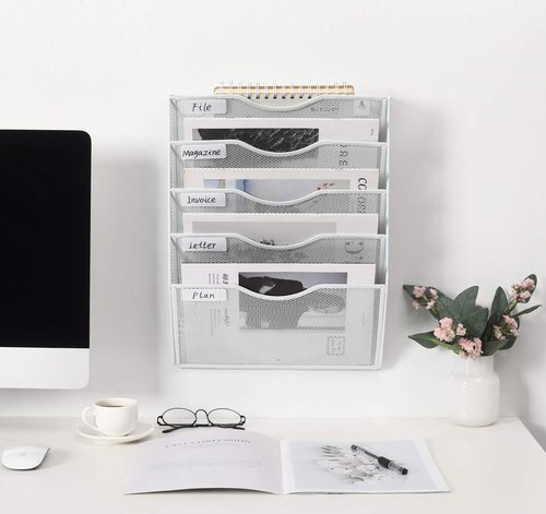 EasyPAG 5 Pocket Wall Mounted Mail Organizer, White | Metal Mesh Wall File Organizer | Hanging Magazine Document Holder with Label | Home Office Vertical Space Saving Paper Storage