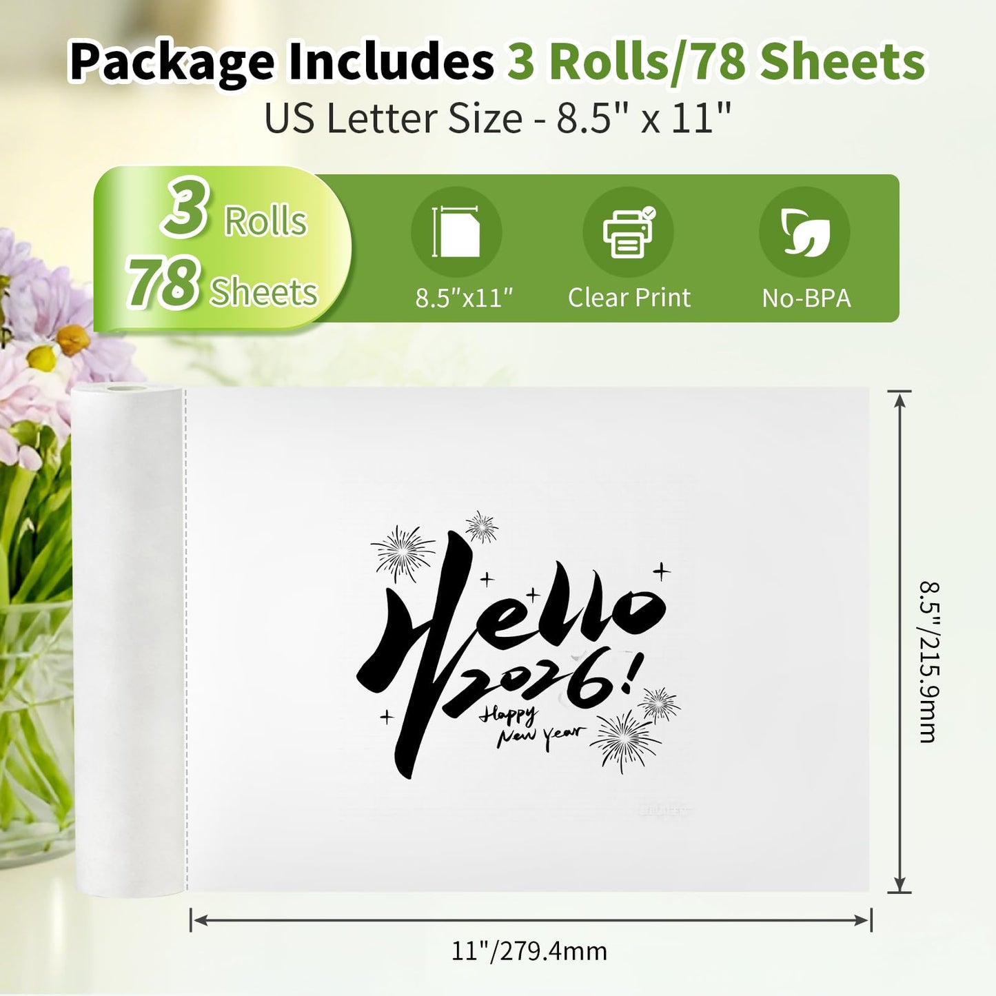 3 Rolls Thermal Printer Paper 8.5"x11" US Letter Size for Portable Printer, BPA free Quick-Dry Thermal Printer Paper, Compatible with N80/D80 Portable Printers
