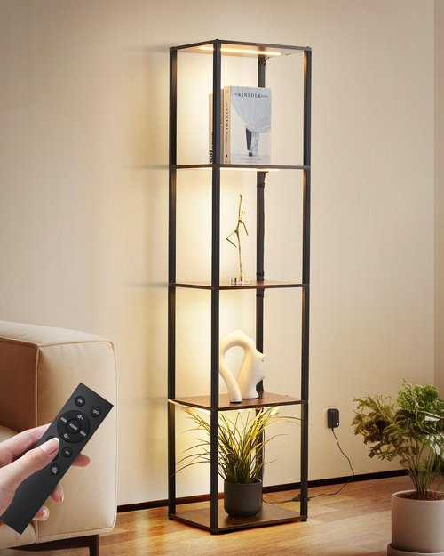 Weaboopre Display Shelf with Lights, 3 Color Temperature & Brightness Curio Collectible Floor Lamp with Shelves, Sturdy Metal Display Cabinet for Living Room, Bedroom, Office Decor Rustic Brown