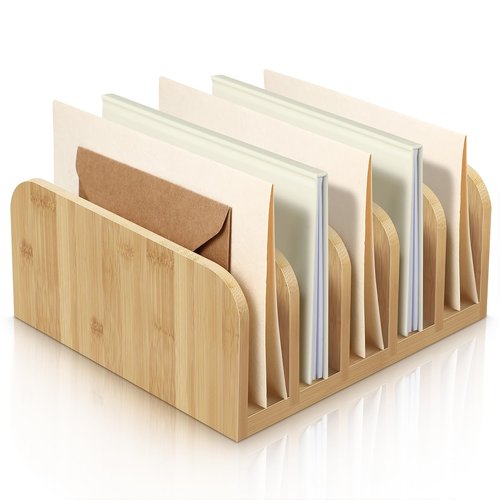 Lineshading Desk Mail Organizer Bamboo File Holders Countertop Paper Organizer Letter Sorter 5 Compartments Envelope Holders with Anti Slip Mat for Home Office School Desktop Document Storage
