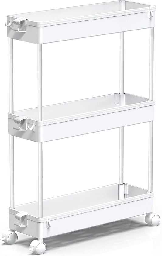 SPACEKEEPER Slim Rolling Storage Cart - 3 Tier Mobile Organizer for Bathroom & Laundry - White