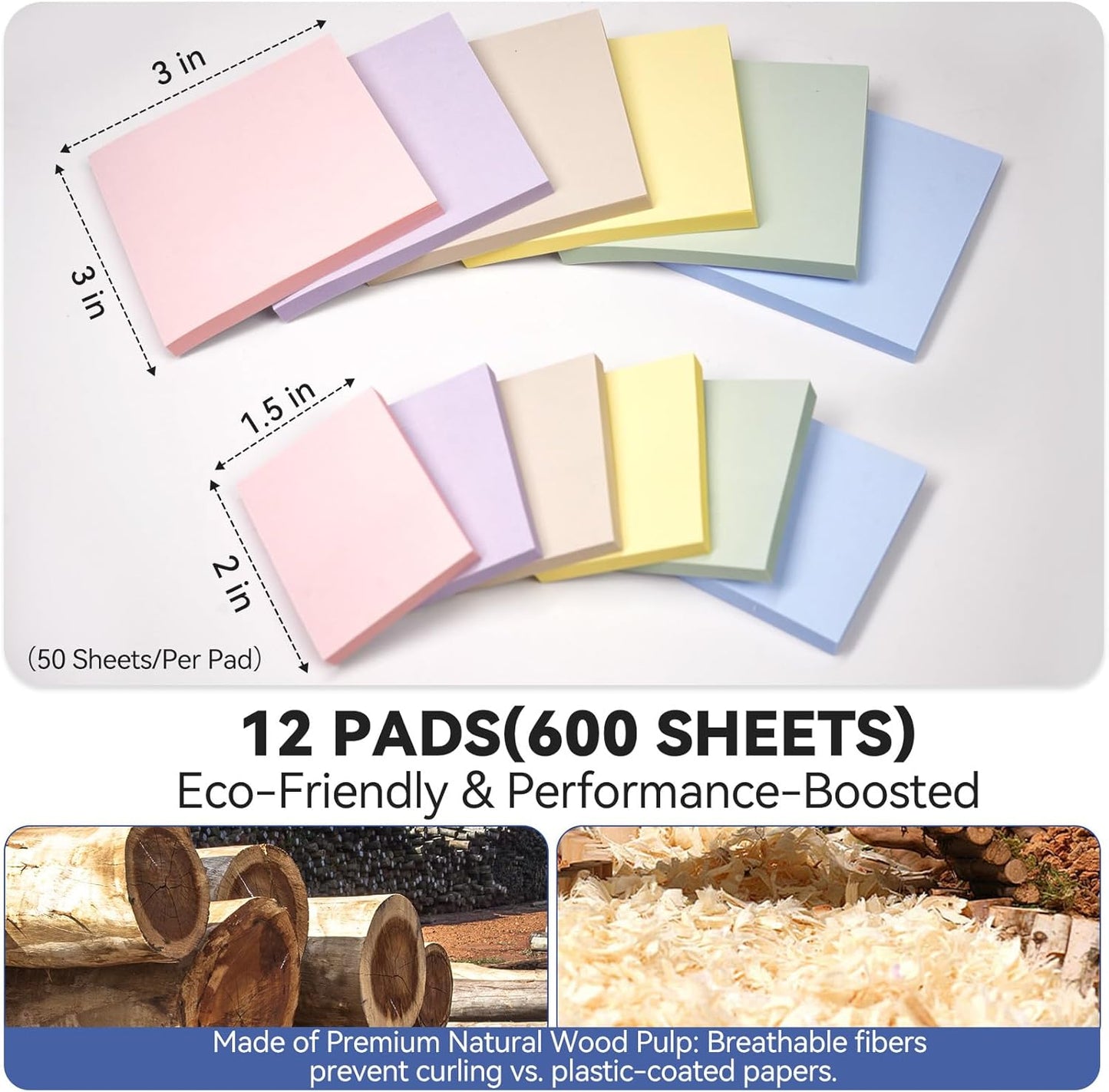 (12 Pack) Sticky Notes 3x3 + 1.5x2 in Small Sticky Note, Self-Sticky Note Pads | Sticks Strong & Removes Clean | Recycled Paper Cute Sticky Notes to School Supplies, Office Products, 6 Colors