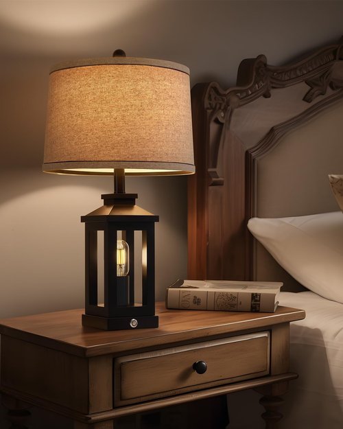 G-SAFAVA 23.75" Retro Farmhouse Black Table Lamp for Living Room Bedroom Nightstand Single Pack Touch Control Bedside Nightlight Vintage Modern Lamp with USB C+A Ports and 2 Light Sources