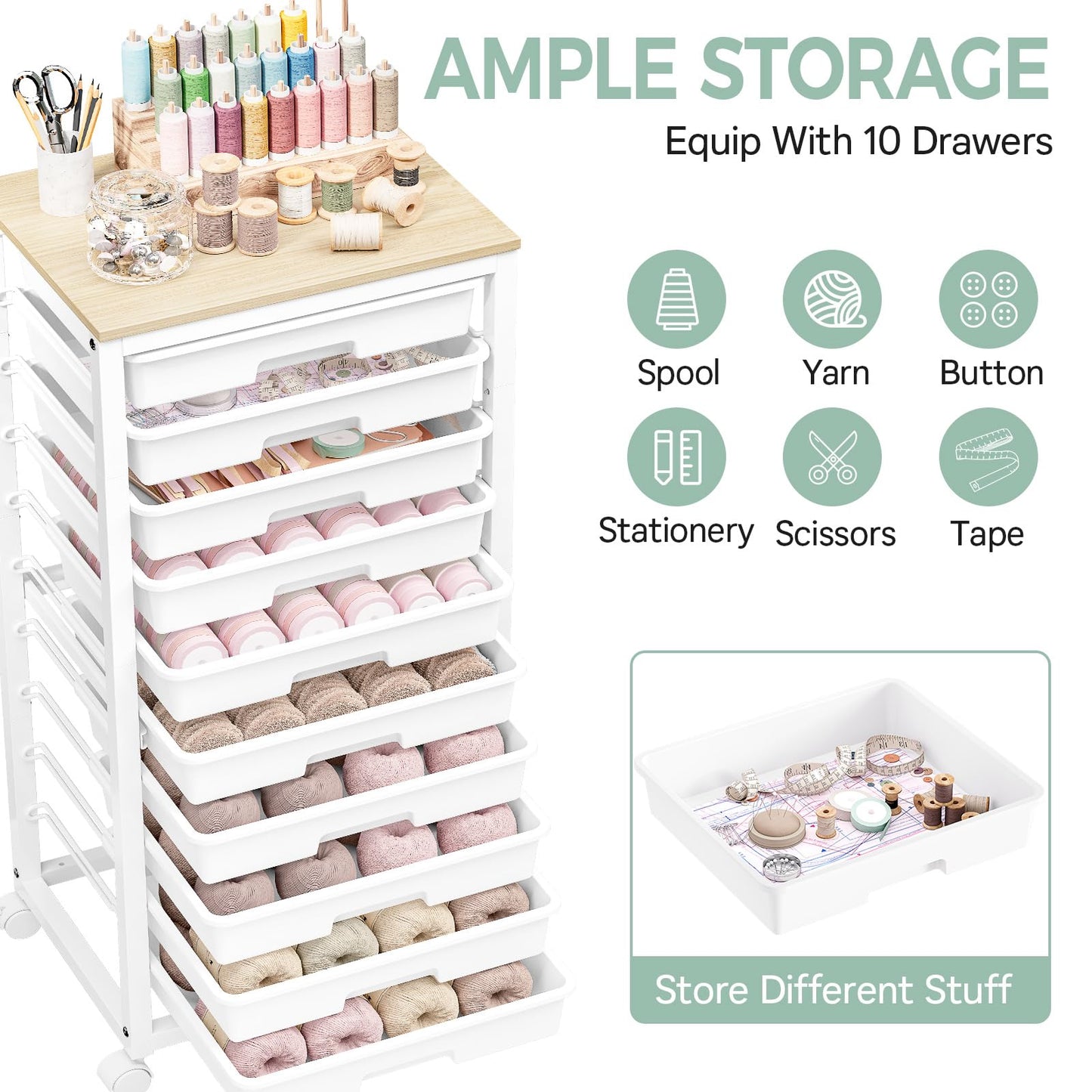 SYKIARIOL Rolling Cart with Drawers,10 Drawer Rolling Cart,Rolling storage cart with drawers,White Rolling Drawer Cart,Teacher Rolling Cart for Classroom Storage,Craft Cart with Wooden Tabletop