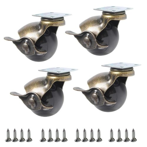 2 Inch Antique Brass Ball Casters with Brake - Set of 4 Heavy-Duty Swivel Plate Casters, Vintage Furniture Wheels for Sofa, Cabinet, Kitchen Cart