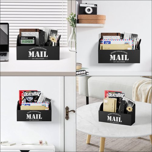First-zgel Mail Organizer Countertop, Wood Mail Holder with 2 Slots, Rustic Mail Basket Mail Sorter for Wall, Bill Envelope Letter Holder for Home Office (Black