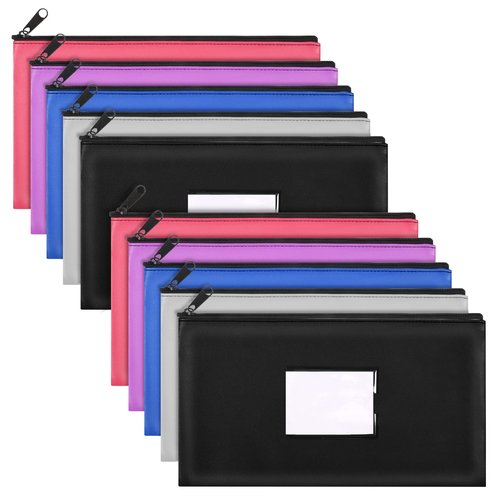 10pcs Bank Deposit Money Bags with Zipper 11 X 6 Inches Cash Bags Money Envelope with Clear Window PU Leather Zipper Pouch Wallet for Women Men Cash, Coins, Cosmetics, Invoice, Bills