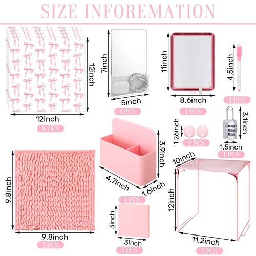 Colarr 19 Pcs Locker Accessories Kit Locker Stuff Back to School Essentials Magnetic Wallpaper Shelf Pencil Holder with Marker Mirror Rug Sticky Note Magnet LED Wireless Light Lock for Student(Pink)