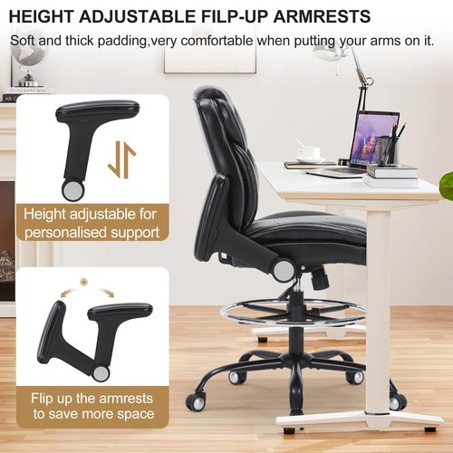 Drafting Chair, Ergonomic Tall Office Chair with Soft Adjustable Armrests and Foot Ring, Standing Desk Chair PU Leather High Office Chair for Counter Height Desk, Swivel Computer Stool, Black