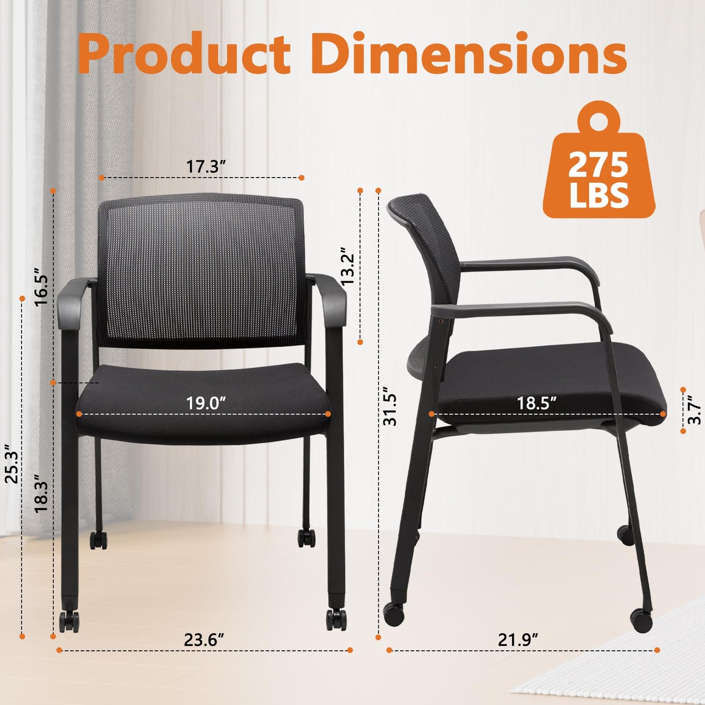 CLATINA Black Waiting Room Chair with Wheels Mesh Back Stacking Arm Chairs with Upholstered Fabric Seat and Ergonomic Lumbar Support for Office School Church Guest Reception