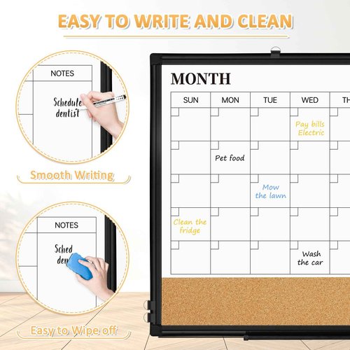 QUEENLINK Large Dry Erase Calendar for Wall, 36"x24" Double-Sided Magnetic Whiteboard Calendar with Cork Board, Black Aluminum Frame Monthly White Board Memo Message Board for Office, Home, School