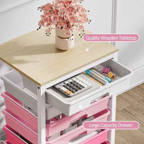 SYKIARIOL Utility Cart With 6 Drawers and Wooden Tabletop, Storage Cart on Wheels for Office, Classroom, Bathroom, Bedroom - Pink