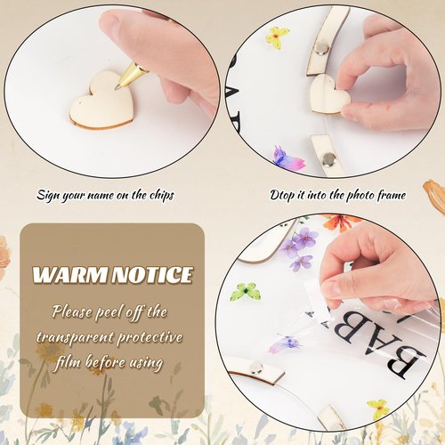 JarThenaAMCS 66Pcs Baby in Bloom Baby Shower Guest Book Alternative Set Acrylic Wildflower Guestbook with Wood Heart Slices Photo Frame Keepsake for 60 Guests