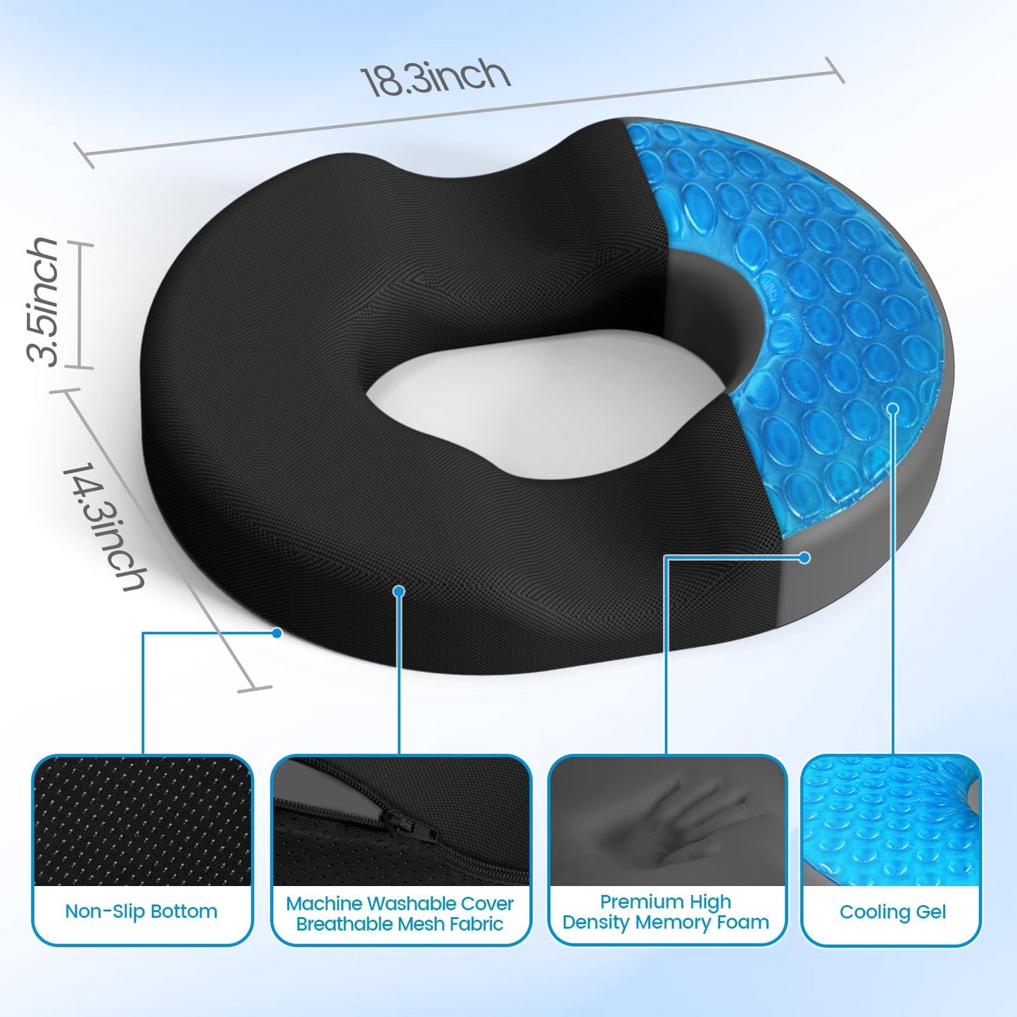 Donut Pillow Seat Cushion - Cooling Gel Donut Chair Cushions, Memory Foam Seat Cushion for Office & Home, Car Seat Cushion and Butt Pillow, Hemorrhoids Pillow and Tailbone Pain Relief, Black