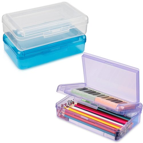 Meiikun Pencil Box, Large Capacity Pencil Boxes 2 Compartments, Hard Pencil Case with Snap-tight Lid, Plastic Storage Organizer Box for Girl Boy (Blue,Clear,Purple, 3 Pack)