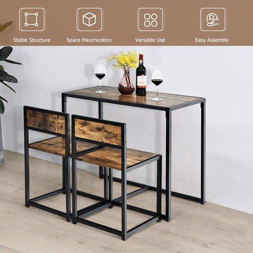 Giantex 3 Piece Dining Set, Industrial Dining Table with 2 Chairs, Small Kitchen Table Set with Metal Frame, Compact Bistro Table Set, Pub Breakfast Table for Small Space, Apartment (Antique)