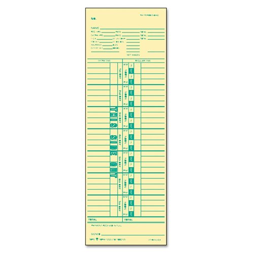TOPS Time Cards, Weekly, 1-Sided, Numbered Days, 3-1/2" x 10-1/2", Manila, Green Print, 500-Count (1255)