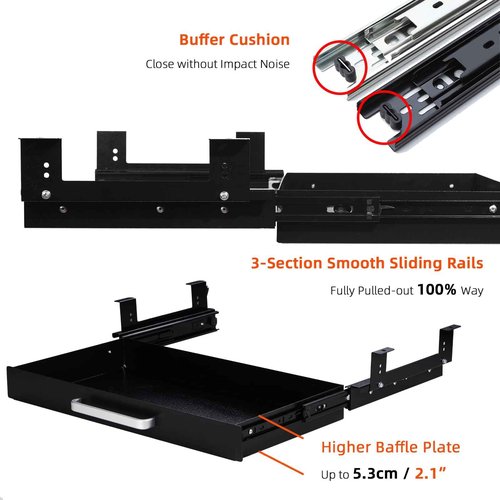 OSteed Under Desk Drawer Organizer 21" Black Upgraded with Adjustable Brackets, Sliding Pull-Out Under Table Pencil Drawer, Office Standing Desk Attachment for Workbench