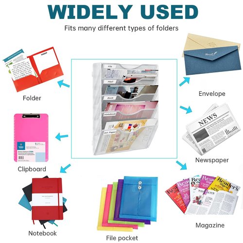 PAG Hanging Wall File Holder, 5 Tier Mail Sorter for Wall, Mesh Office Wall Organizer For Papers/Folders/Files Clipboard & Magazine, White