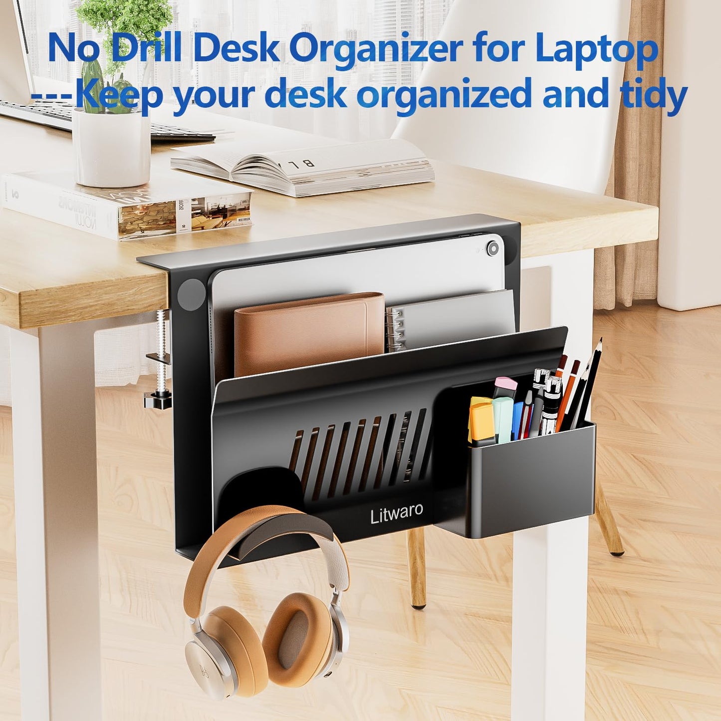 Litwaro Desk Side Storage, No Drill Laptop Holder with Magnetic Pen Holder, Clamp on Laptop Mount with Sticky Headphone Stand, Hanging Organizer for Office, Fits Flat Table Edge 0.4" to 2" (Black)