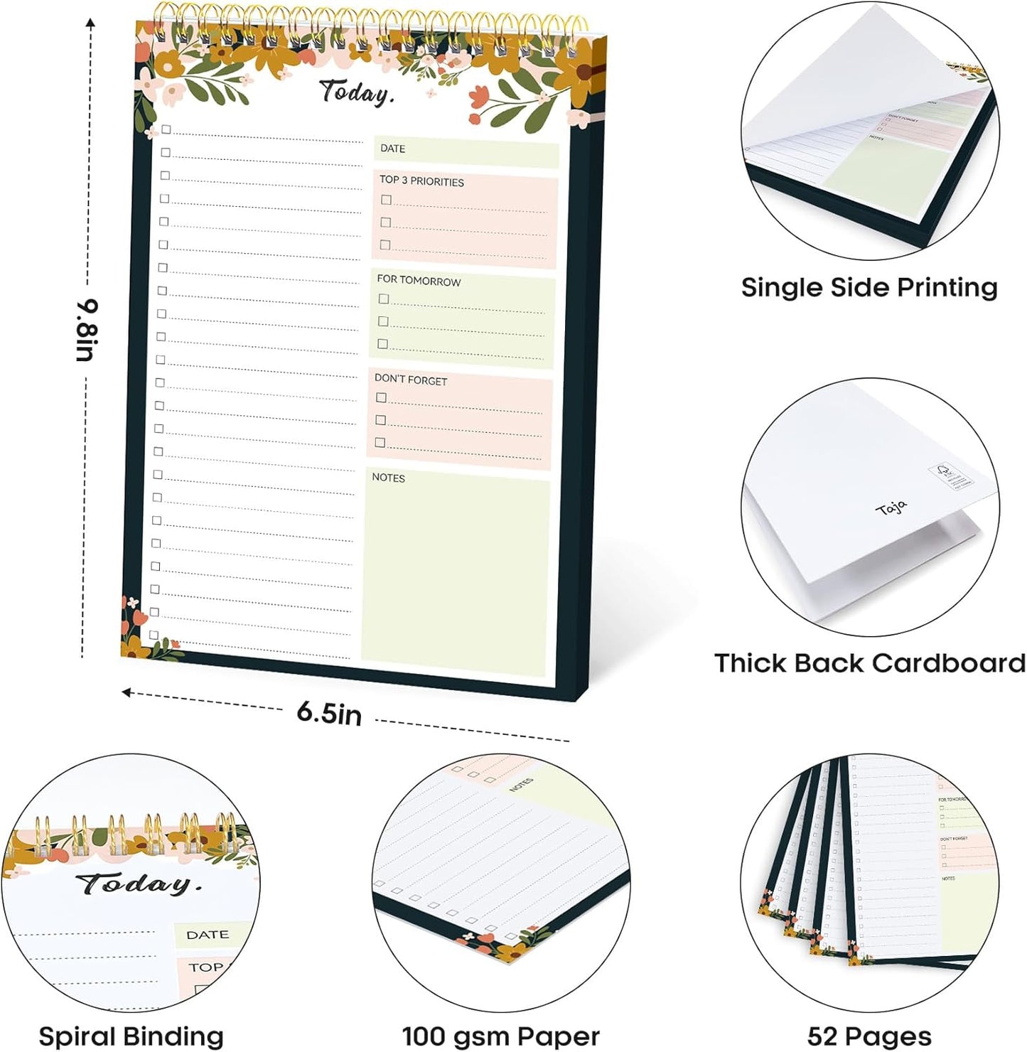 Taja To Do List Notepad - Undated Daily Planner with 52 Sheets | 9.8" x 6.5" - Ideal for Work, Home & School