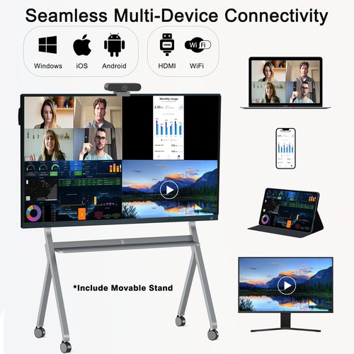 LINGHUFOX 75" Smart Board, 4K Touch Screen Interactive Whiteboard with Windows 11 Pro & Android 12.0, All-in-One Computer with AI Camera and Movable Stand for Classroom and Office