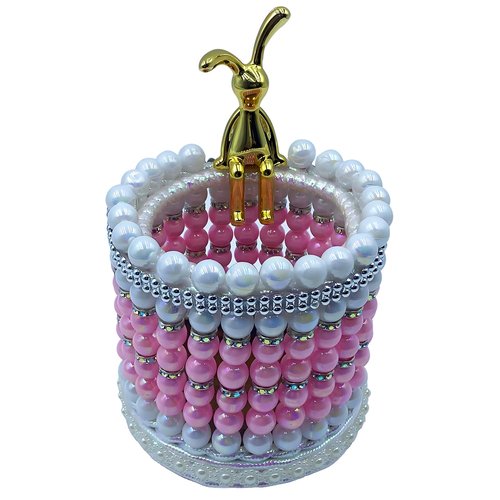 Ruesr Decorative Beaded Pen Holder, Pink and White Pearl Design with Bunny Accent, Desktop Organizer, Handcrafted Office Accessory