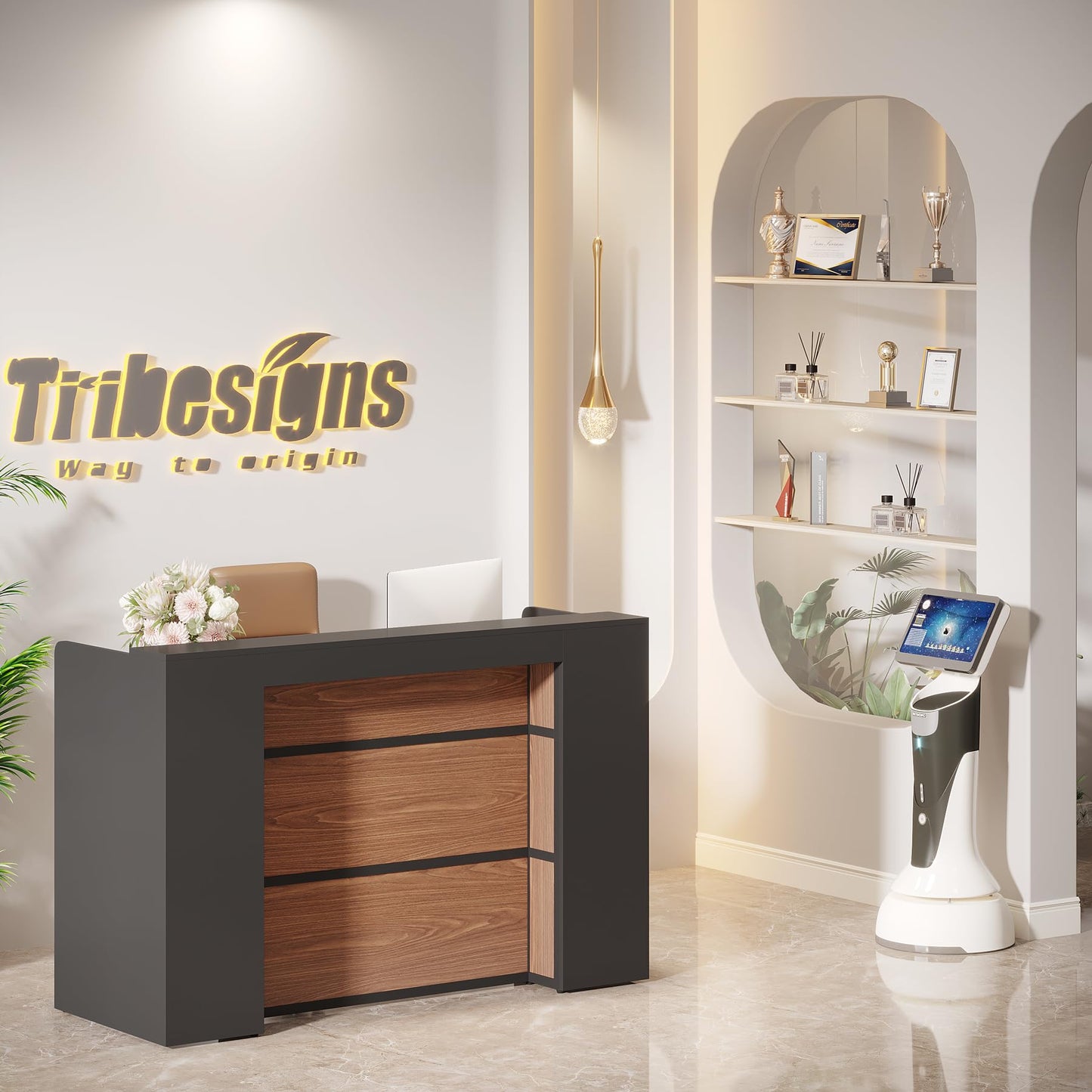 Tribesigns Modern Reception Desk with LED Lights, 63 Inches Front Counter Table for Reception Room (Black&Brown)