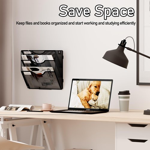 Senhoglb File Folder Organizer, 3-Tier Mesh Hanging Wall File Holder, Magazine Rack, Wall File Organizer With Pockets, Metal Document Organizer, Mail Organizer Wall Mounted for Office Home, Black
