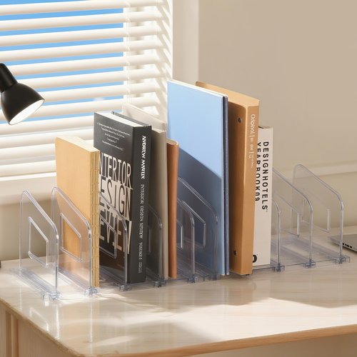 LALOBLUE File Organizer, Acrylic File Folder Organizer File Sorter, Plastic Vertical Book Dividers for Magazine Mail Letter Paper, Desktop Organizers for Office, Classroom & Home(4 Sections, 2 Pack)