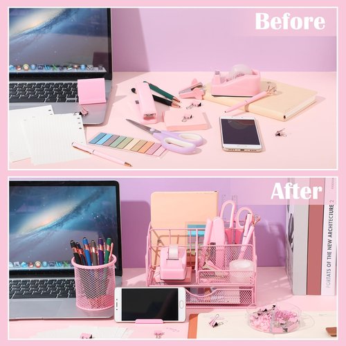 16 Pcs Pink Desk Organizers and Accessories, Pink Office Supplies for Desk Women with Stapler and Tape Dispenser Pen Holder Staples Staple Remover Ruler Scissors Tab Tape Pen Clips