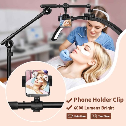 HITTI Half Moon Light for Eyelash Extensions Tattoo Artists, 2025 New Upgrad LED Lash Tech Light with 4 Wheel Rolling Base, Large Floor Eyelash Lamp 5 Color Modes Stepless Dimming & Phone Holder-Balck