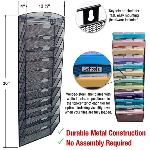 Ultimate Office Mesh Wall File Organizer, 12 Tier Vertical Mount Hanging File Sorter. Multipurpose Display Rack Includes 18, 3rd Cut PocketFile Clear Document Folder Project Pockets (Black)
