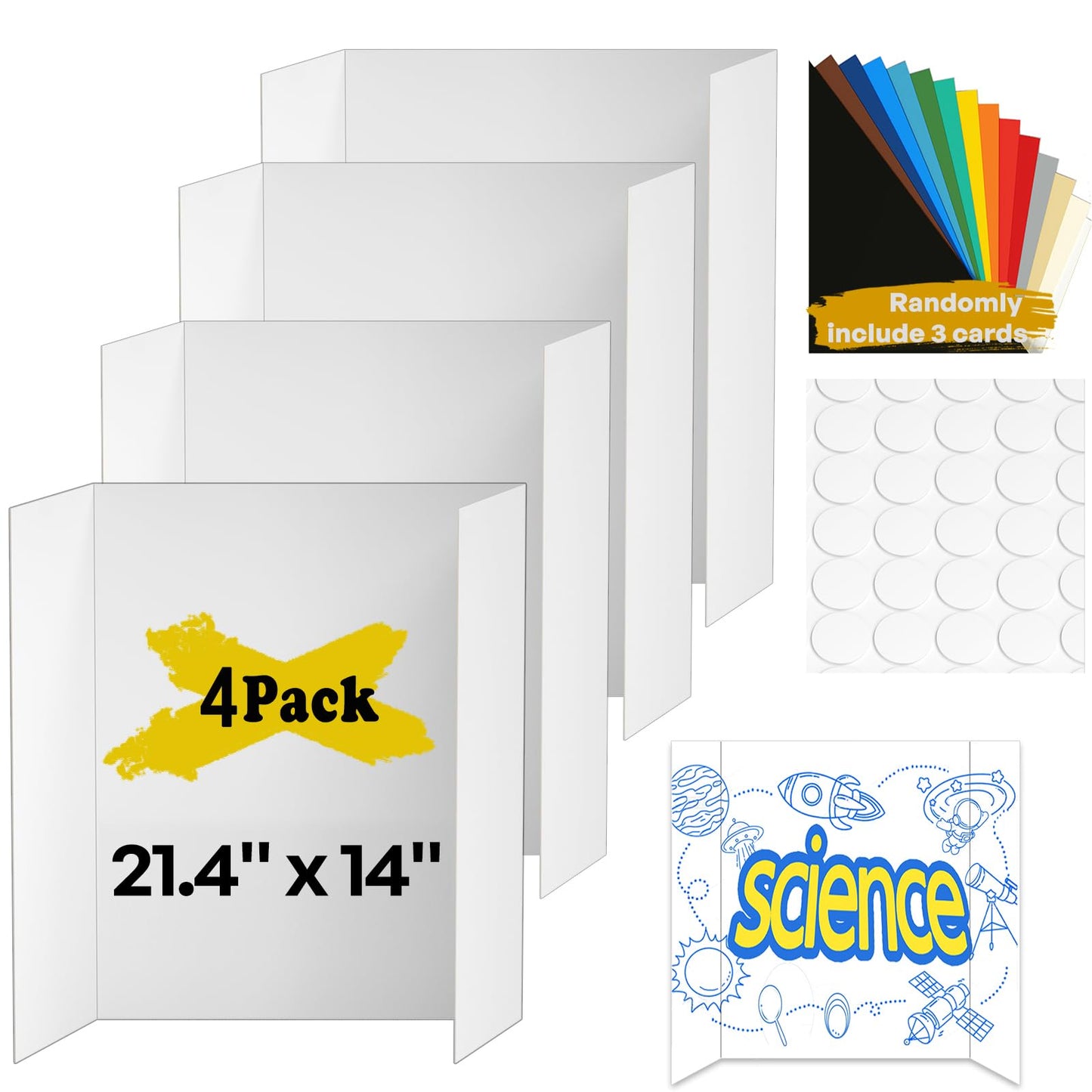 4 Pcs Small Trifold Poster Board, 21.4" x 14" Presentation Board, with Double Sided Tapes and Cardboard, White Corrugated Project Boards/Display Board for School Project/Science Fair Display Boards