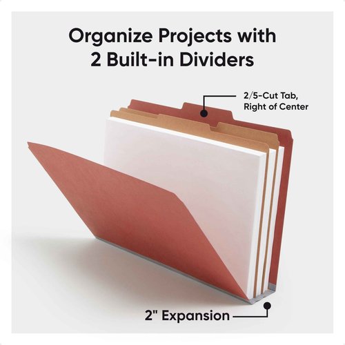 Smead Pressboard Legal Size File Folders with SafeSHIELD Fasteners, 2 Dividers, 2" Expansion, Office Folders, Paper Holder, Red, 10 per Box (19075)