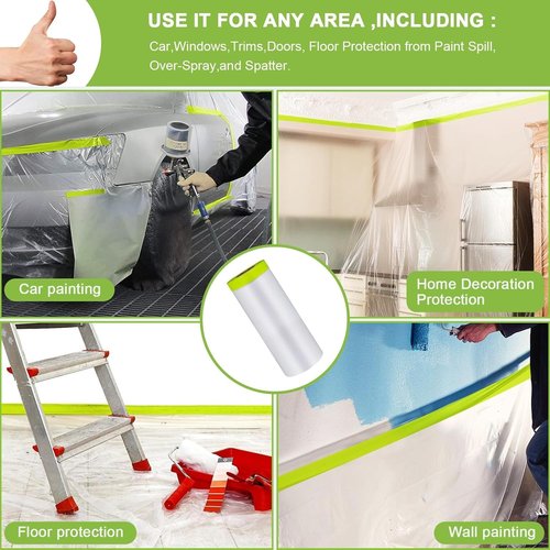 Yudahgan Pre-Taped Masking Film-55inx65ft Tape and Drape Painters Paper Rolls, Plastic Painting Film for Automotive Painting Covering （Masking Film:10rolls,Tape:5rolls）