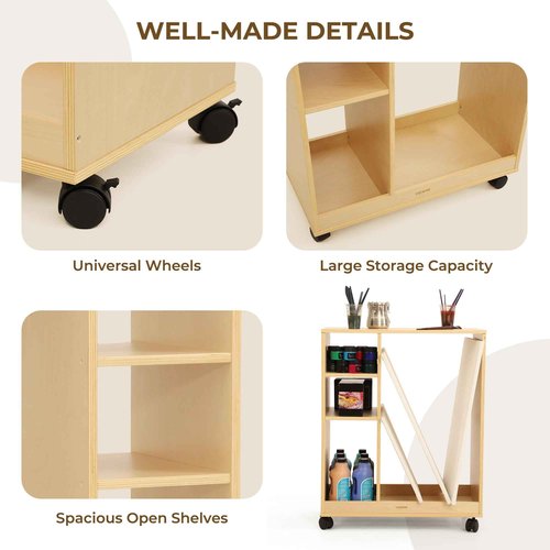 VISWIN Art Cart Organizer, Solid Pine Wood Art Supply Storage Organizer with Caster Wheels, 3-Tier Multifunctional Rolling Utility Storage Cart for Studio, Classroom, Artists - Natural