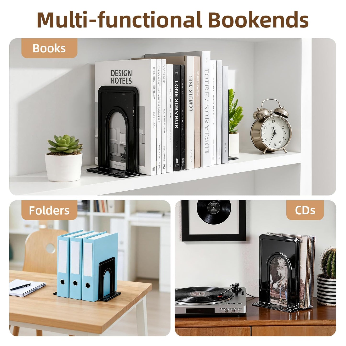 HappyHapi Book Ends, Metal Bookends for Shelves, Non-Skid Book End to Hold Books, Black Book Stopper/Holder for Office Home Kitchen, 5.7X 4.9 X 6.5 in, 3 Pair(6 Pcs, Large)