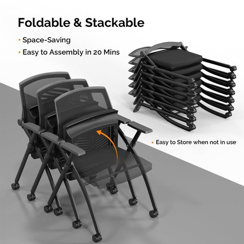 VINGLI 8 Pack Stackable Conference Room Chairs with Wheels, Folding Office Chair with Rebound Back, Padded Seat for Training Room, Guest, Reception, Event, Capacity 350lbs, Black