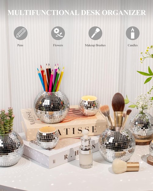 RGBDOT Disco Ball Pencil Holder for Desk - Pen & Makeup Brush Organizer with Silver Sequins, Disco Accessories Decor for Office, Home, or Bedroom - 4 in