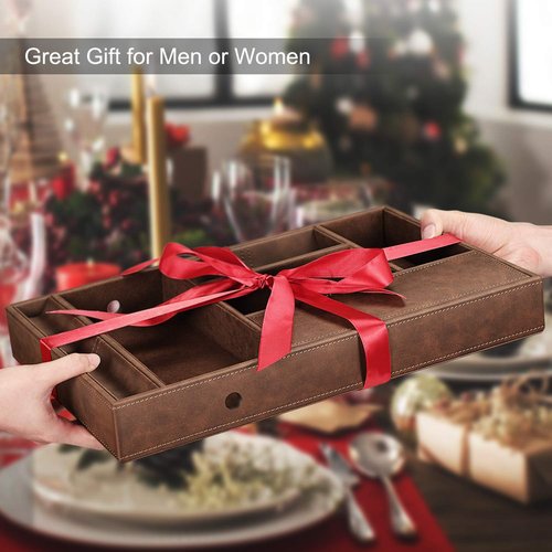 SITHON Valet Tray Desktop Organizer - 8 Compartments Catchall EDC Tray PU Leather Bedside Vanity Nightstand Caddy Coin Box Key Jewelry Storage Organizer, Brown