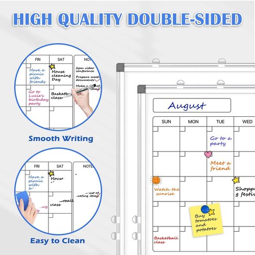 Monthly Calendar Dry Erase Whiteboard for Wall, 30" x 20" Double-Sided Large Calendar White Board, Magnetic Portable Hanging Board for Office, Home, School